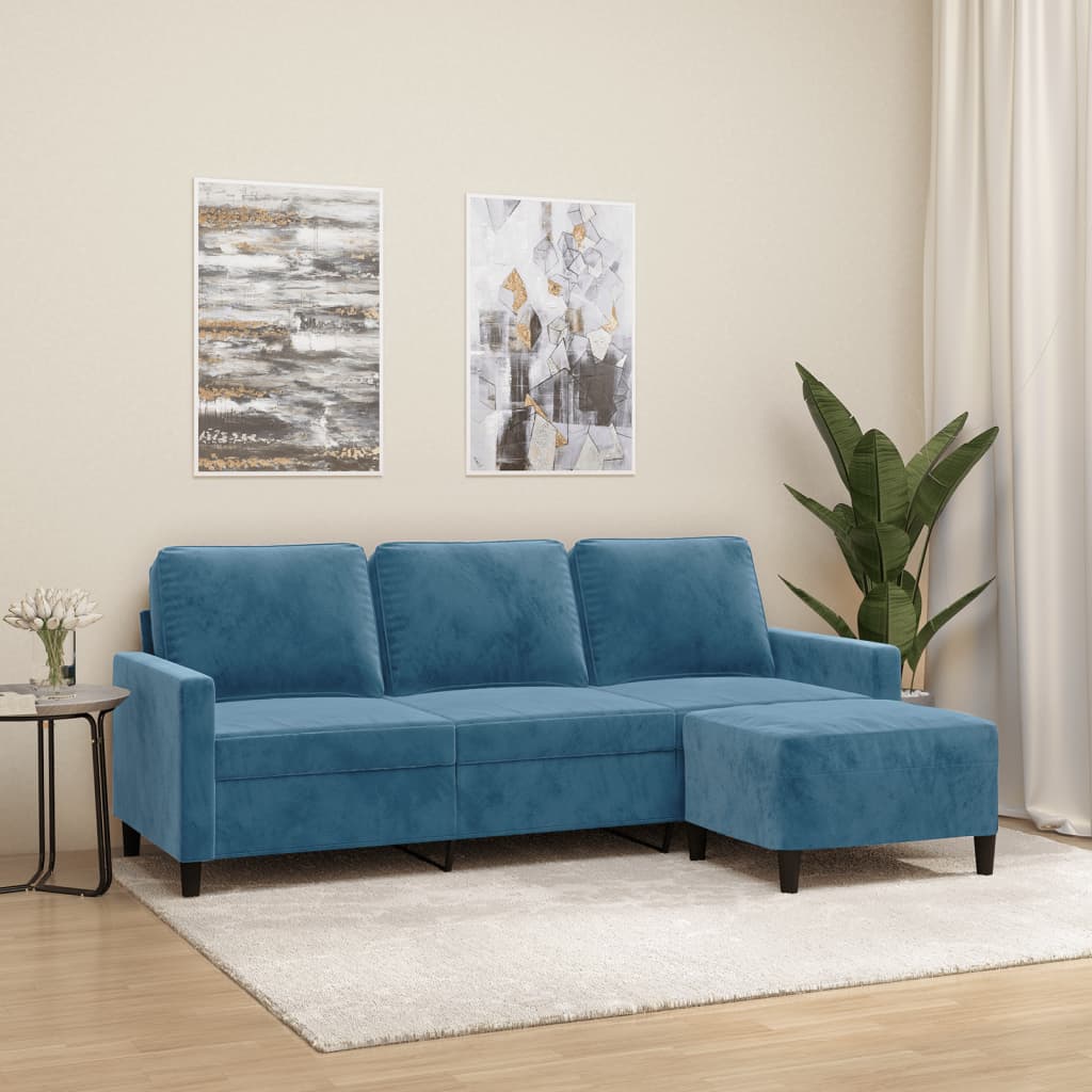 vidaXL 3-Sitzer-Sofa mit Hocker Blau 180 cm Samt