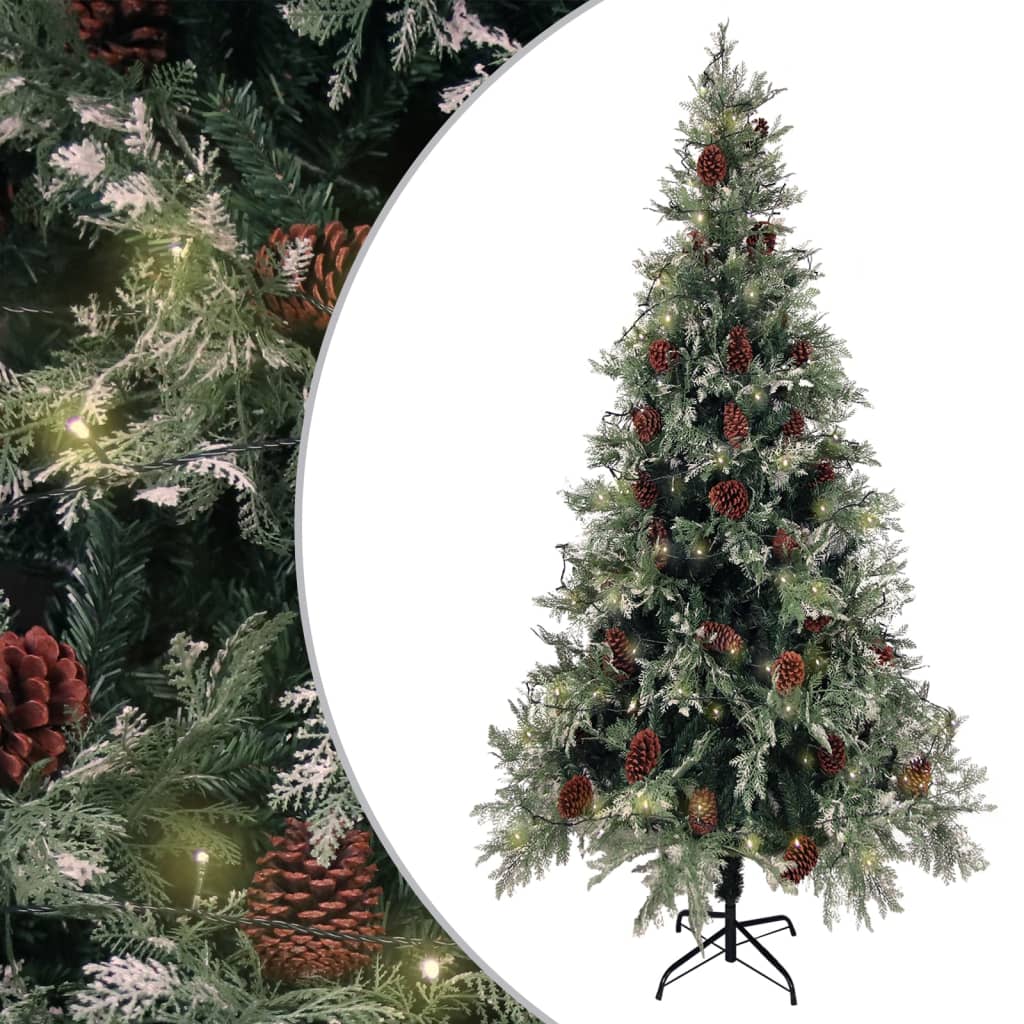 Weihnachtsbaum mit LEDs&Kiefernzapfen Grün&Weiß 225 cm PVC & PE